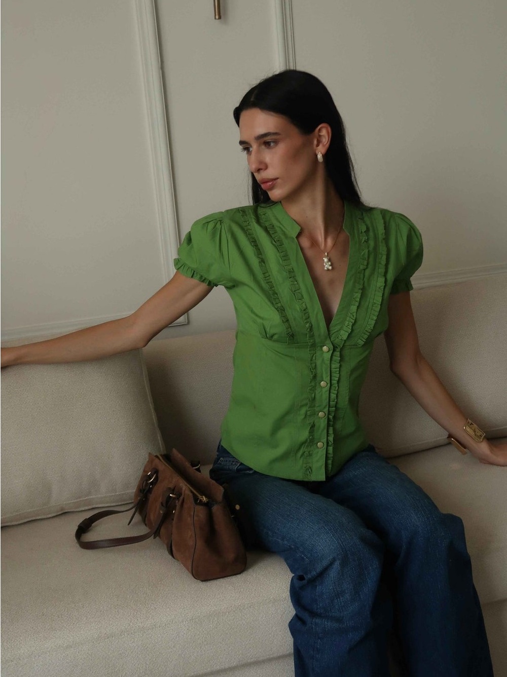 Evierose Green Ruffle-Front Button Blouse - Picture 1 of 9